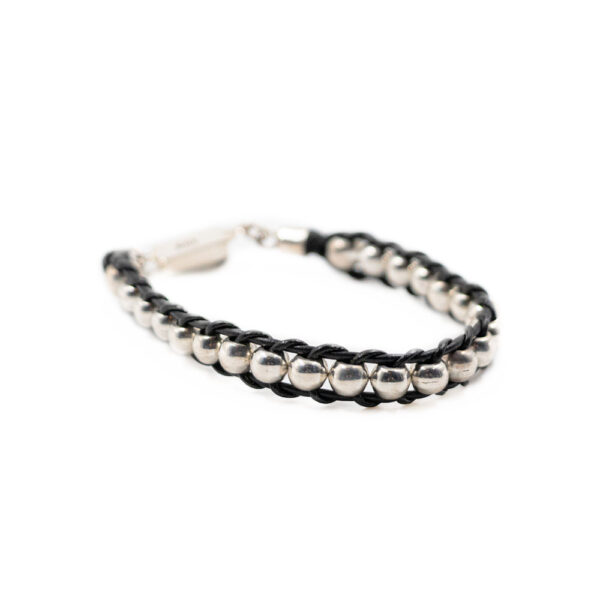 Pulsera con bolas de plata y piel negra para hombre